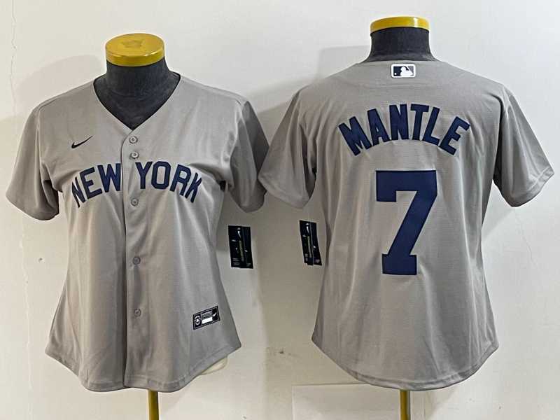 Womens New York Yankees #7 Mickey Mantle Name 2021 Grey Field of Dreams Cool Base Stitched Jersey->mlb womens jerseys->MLB Jersey